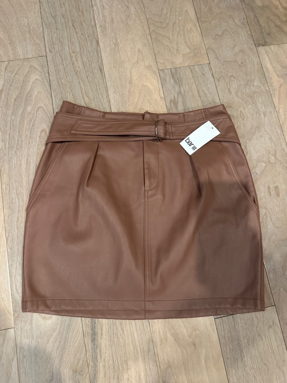 Bar III Cognac Faux Leather Belted Mini Skirt